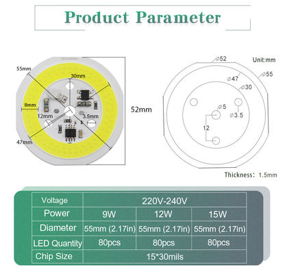 220V AC COB LED Chip High Brightness 12W 15W Warm LED Module